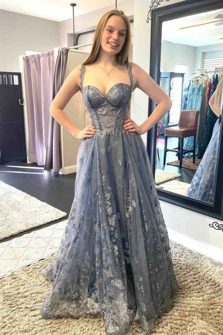 Off Shoulder Smoke Gray Lace Long Prom Dress Smoke Gray Lace Formal Graduation Evening Dress