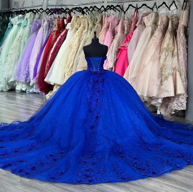 Blue Princess Quinceanera Dresses Sweetheart 3D Floral Applique Vestidos De 15 Aos Sweep Train Prom Lace Up Sweet 16 Dress