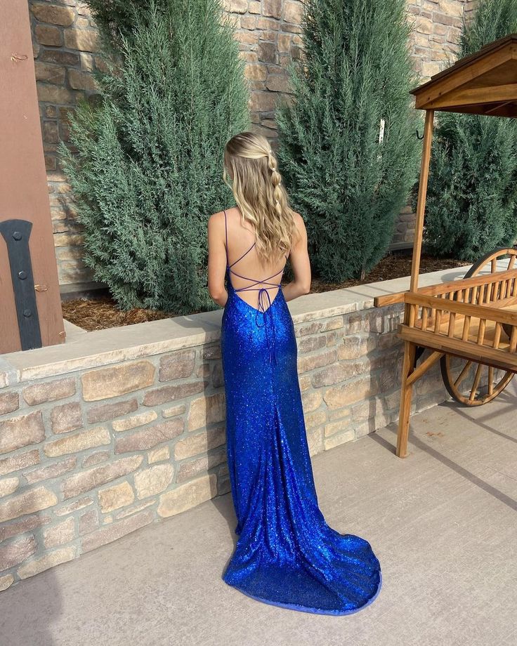Cute Mermaid Scoop Neck Royal Blue Sequins Long Prom Dresses with Slit