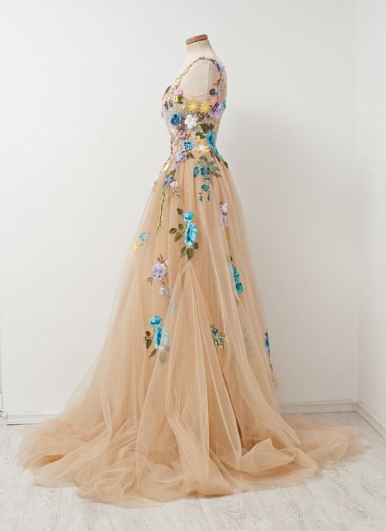 Champagne A-line Sleeveless Tulle Prom Gown With Embroidery,sleeveless Prom Gown With Hand-made Flowers,prom Dress,evening Gown For Teens        fg3824