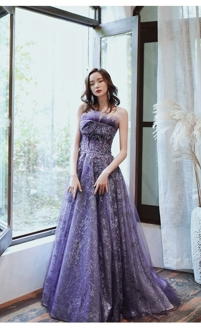 Dark Purple Tulle Style Evening Gown, Purple A-line Long Prom Dress Party Dress