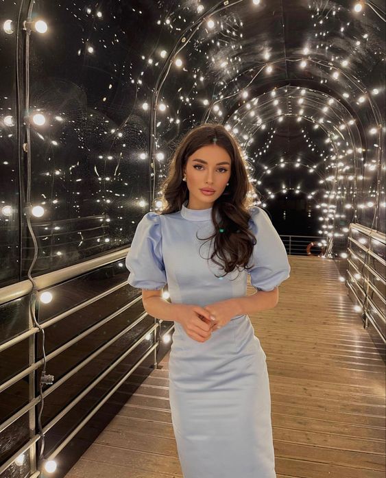 Cute Blue Prom Dresses Short Sleeves Long Dress