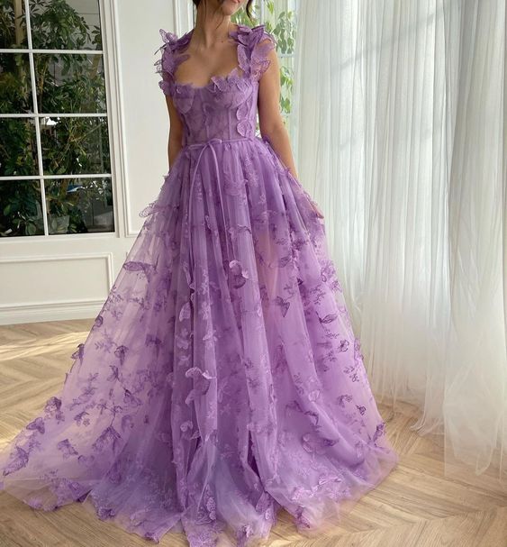 Butterfly Purple Prom Gown, Elegant Long Prom Dresses