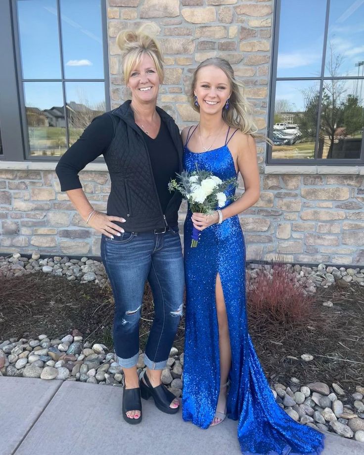 Cute Mermaid Scoop Neck Royal Blue Sequins Long Prom Dresses with Slit