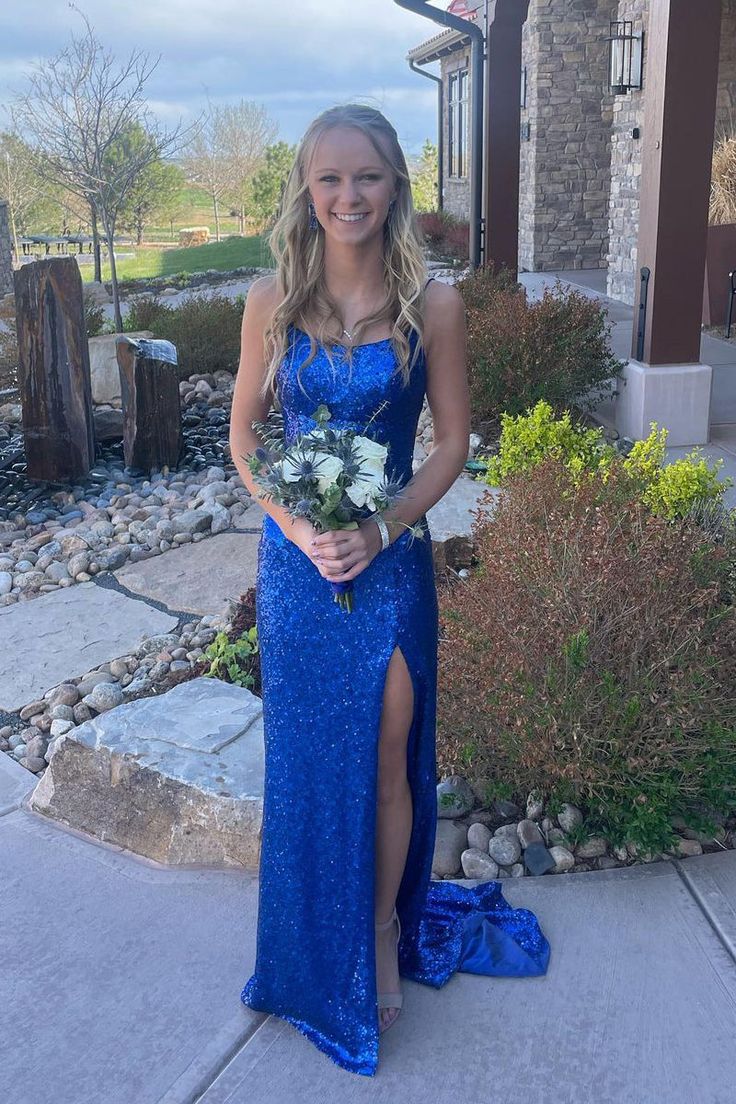 Cute Mermaid Scoop Neck Royal Blue Sequins Long Prom Dresses with Slit