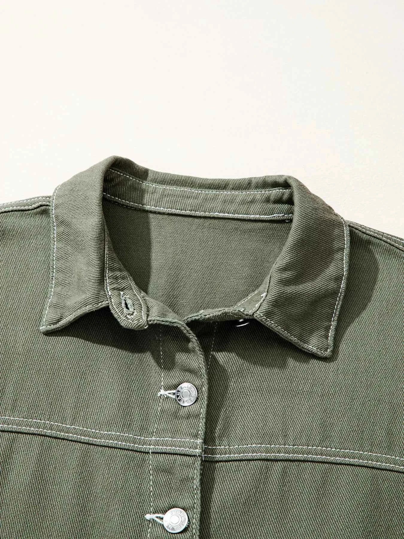 Patched Pocket Collared Button Front Boyfriend Denim Jacket