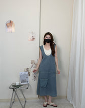 Faux Two Piece Denim Sleeveless Ruffle Trim A-Line Midi Dress 22