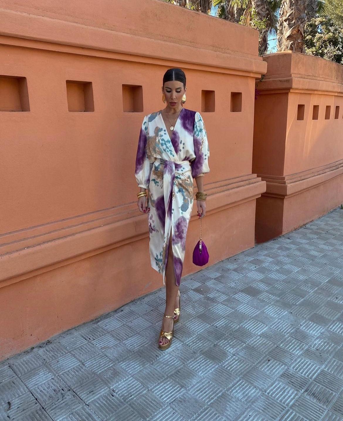 Floral Print V-Neck Long Sleeve Wrap Midi Dress