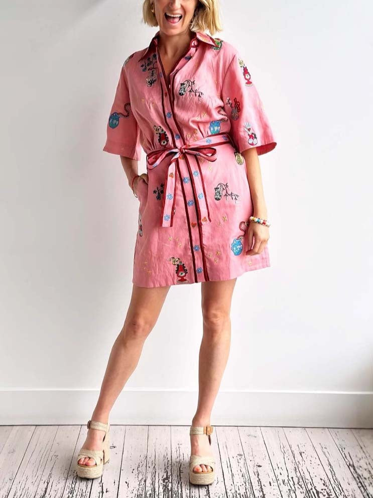 Casual Printed Shirt Collar Single breasted Mini Dress