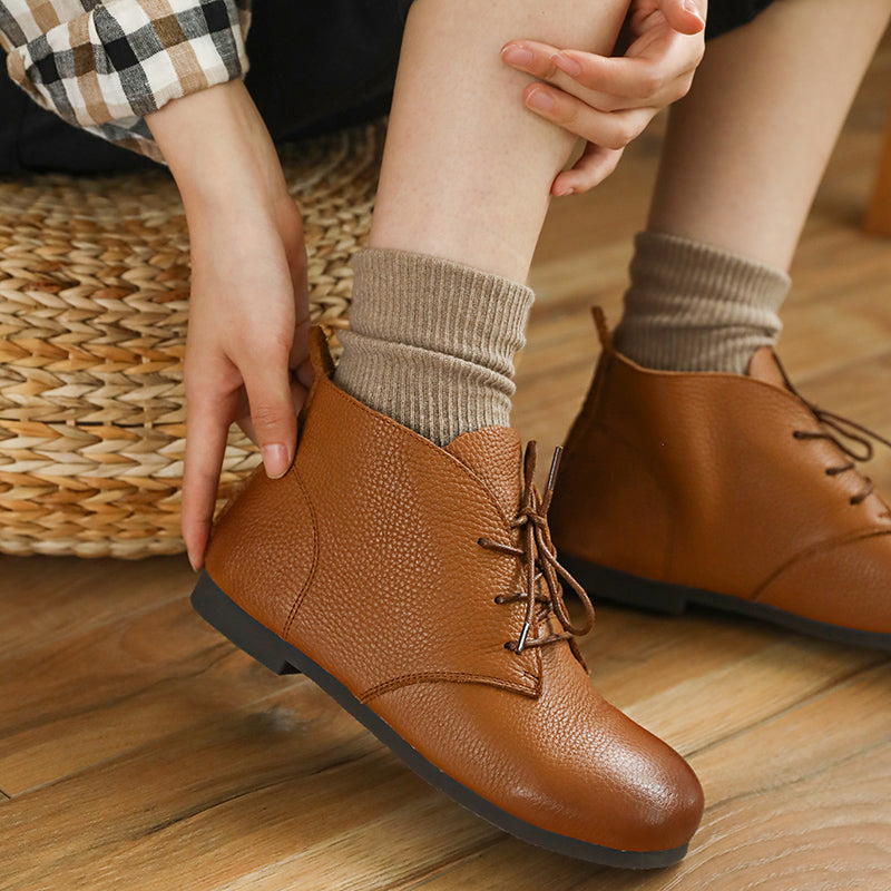 Brush-Off Leather Boots Lace-Up Soft Ankle Booties Casual Work Combat Boots Coffee/Brown