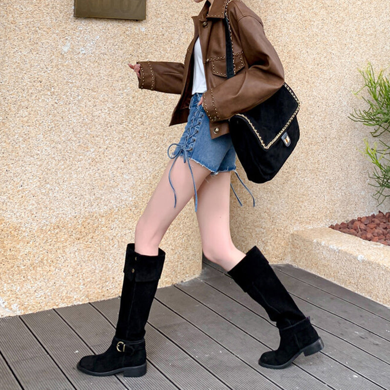 Womens Suede Leather Knee High Boots 75mm Block Heel In Black/Apricot