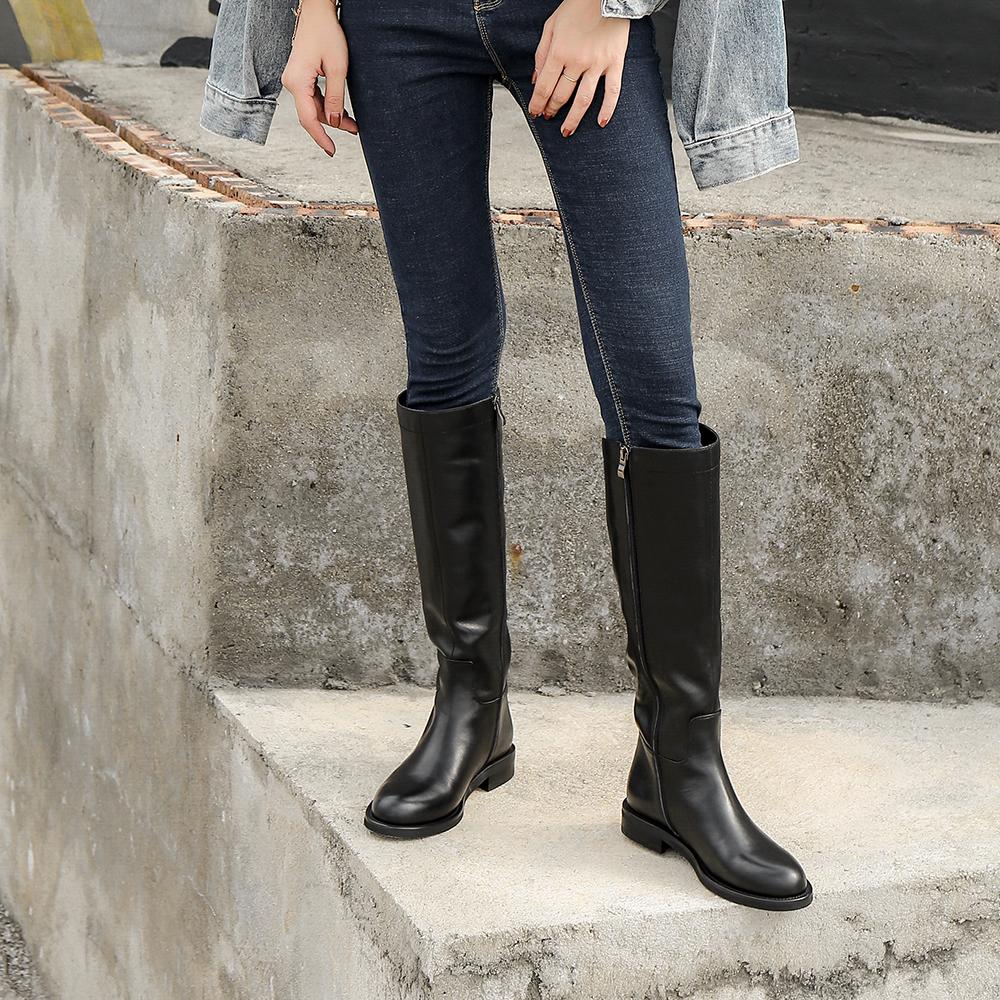 Handmade Soft��Leather Knee High Boots Side Zip Riding Boots Black Short Plush