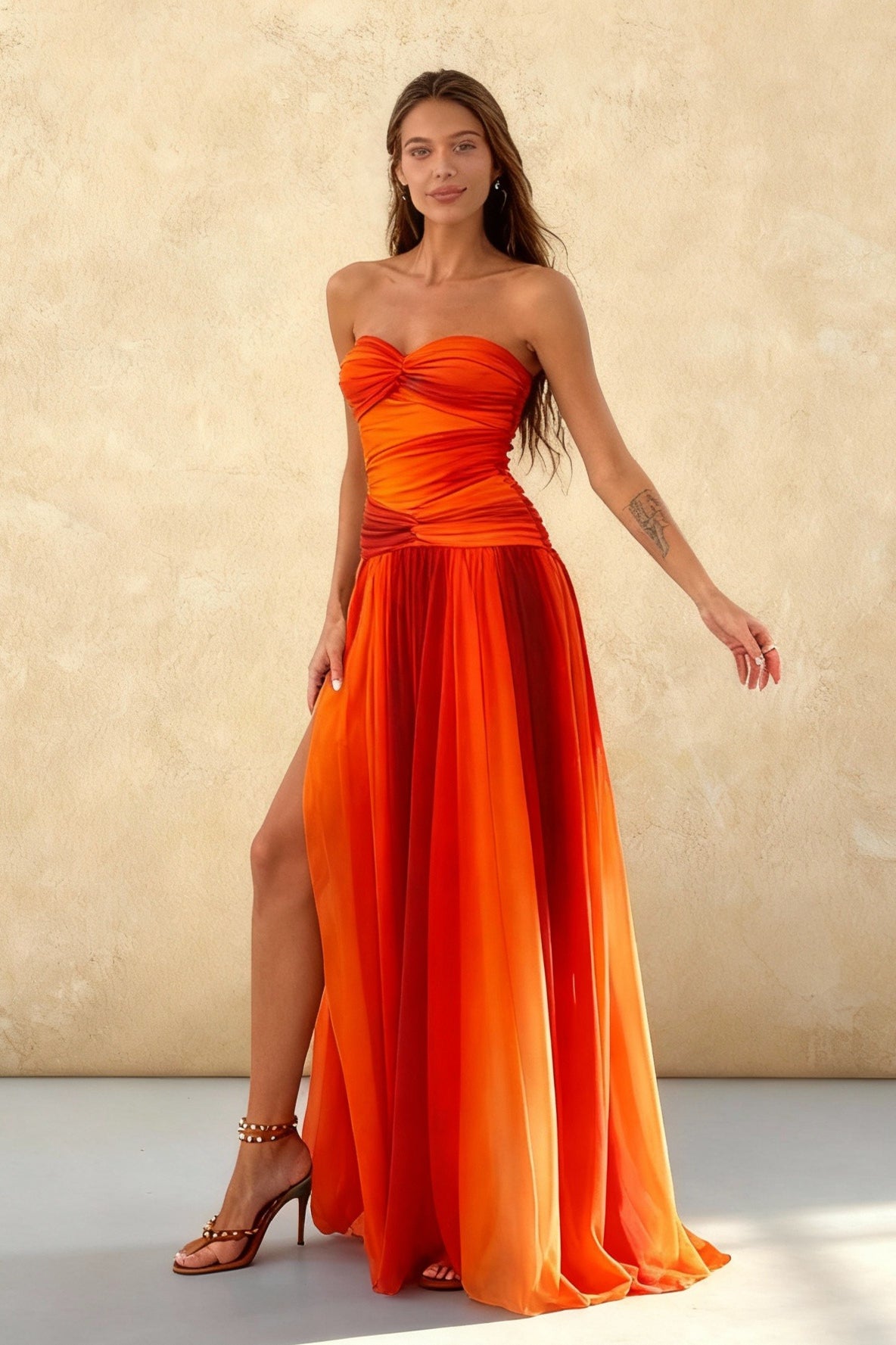 Ombre Strapless Cut Out Ruched High Split Chiffon Maxi Dress 4
