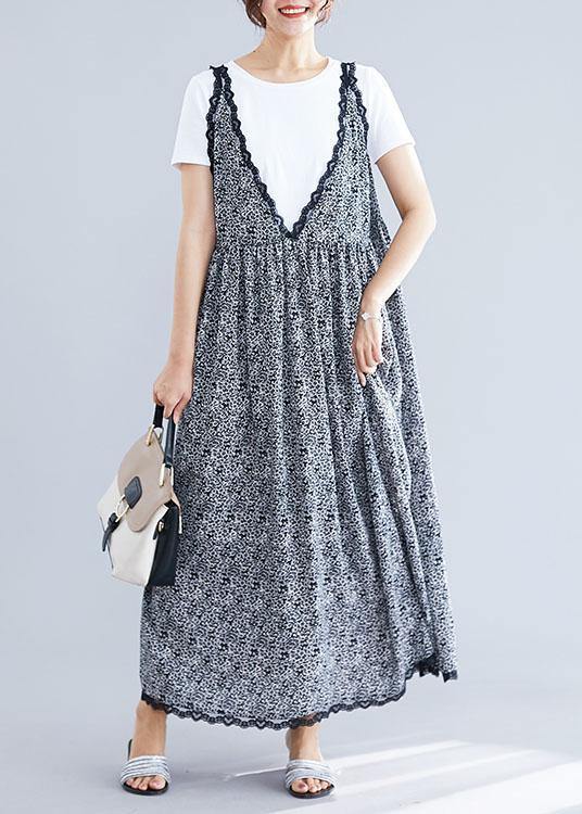 Floral Print V-Neck Lace Trim Scalloped Hem Sleeveless Gathered Waist Maxi Dress