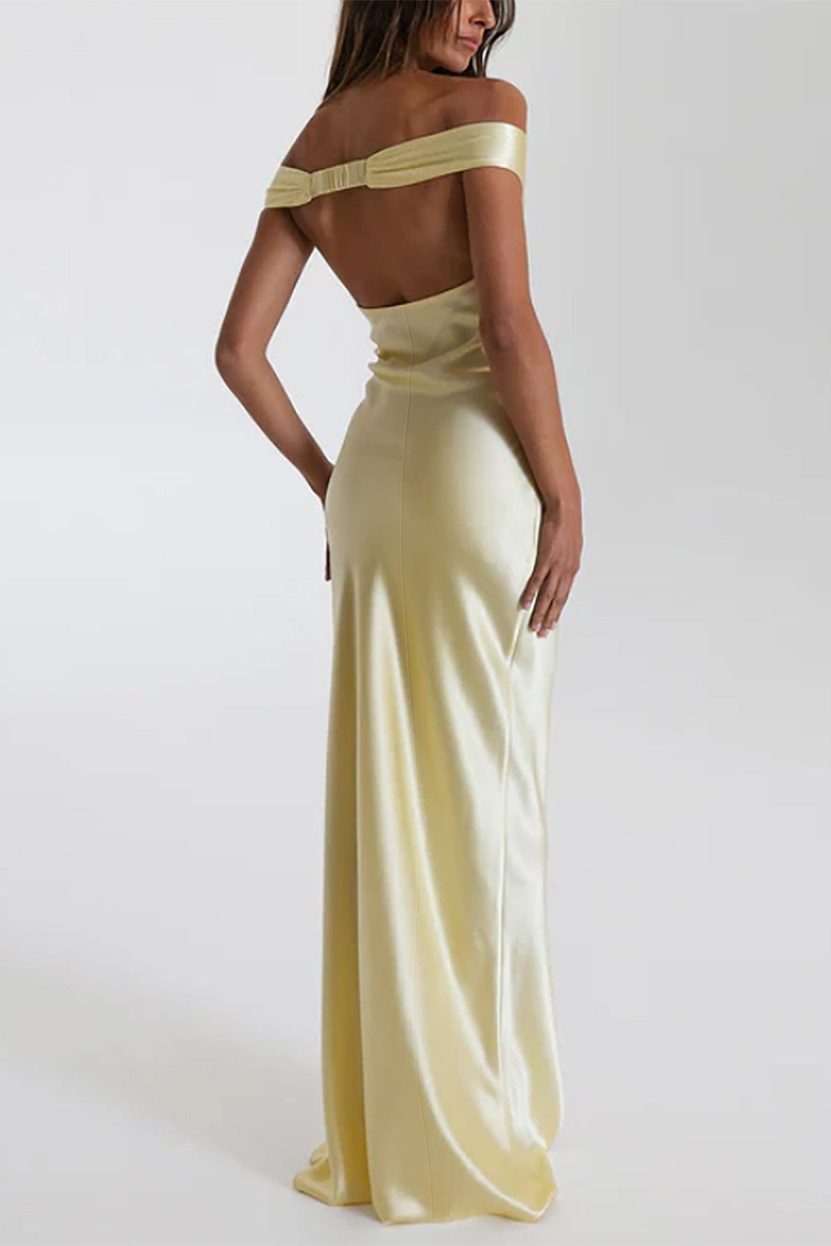 Satin Off Shoulder Ruched Bodycon Maxi Dress