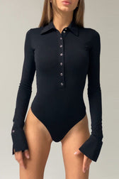 Collared Button Front Slim Long Sleeve Bodysuit