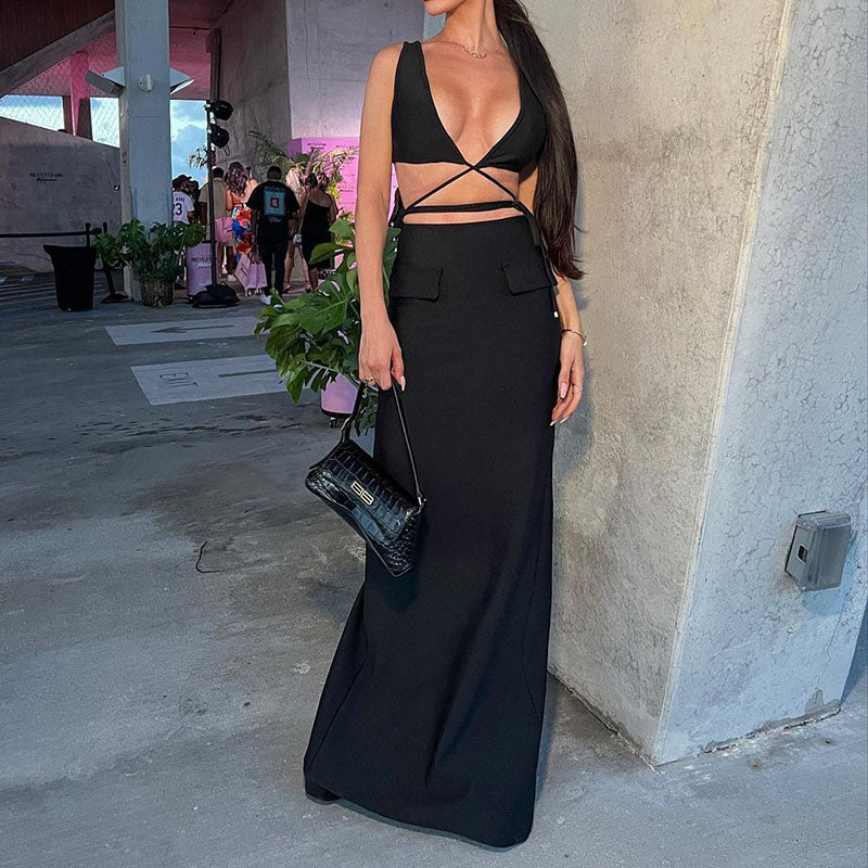 Deep V-Neck Wrap Tie Crop Top and Maxi Skirt Two Piece Set 24