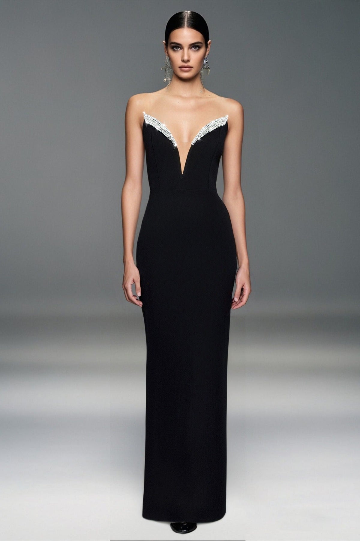 Crystal Trim Strapless Bodycon Maxi Formal Gown - View 2