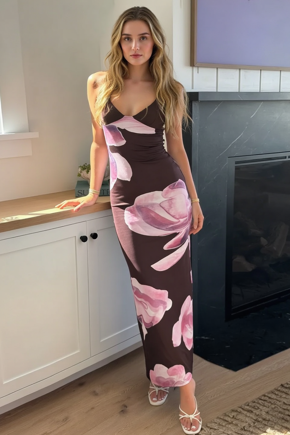Romantic Tropical Curve Hugging Long Slip Dress