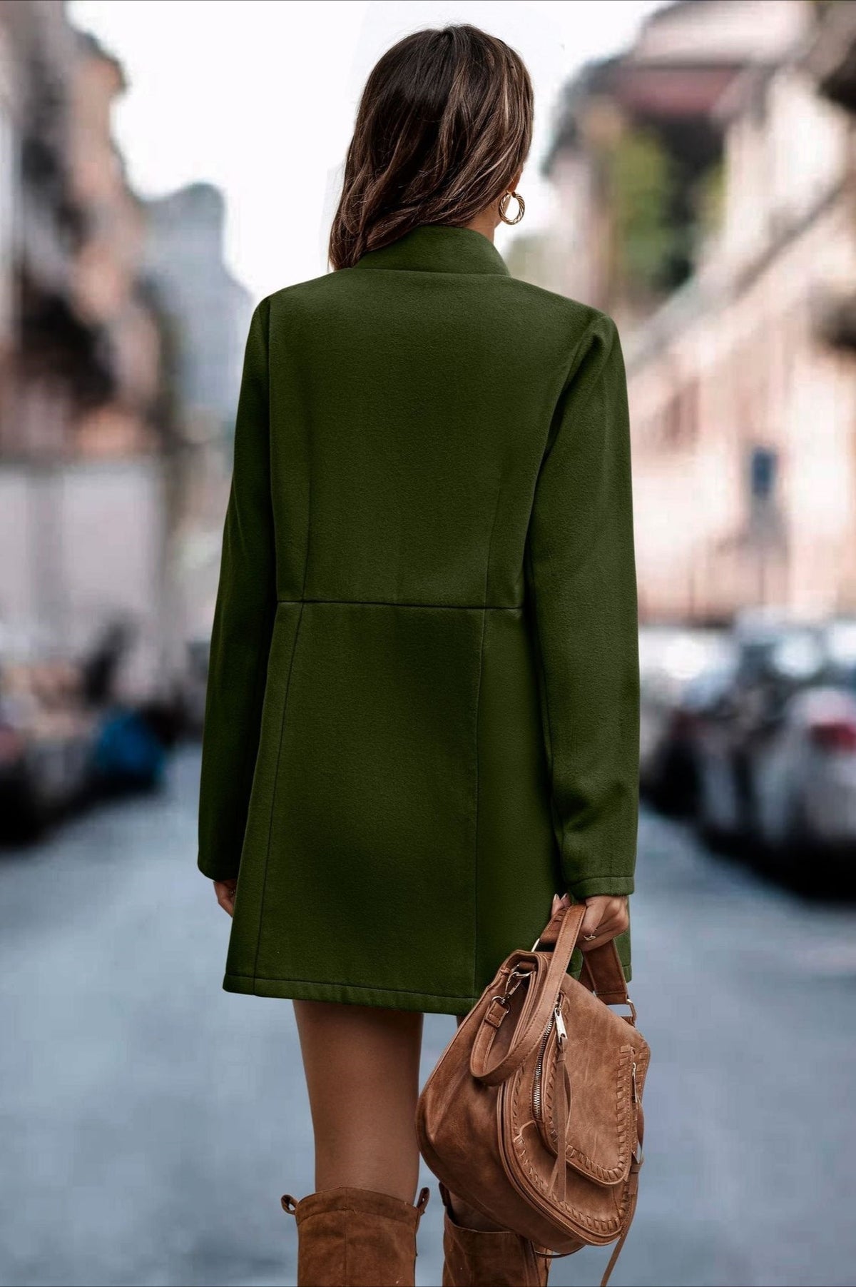 Collarless Open Front Long Sleeve Seamed Mid Length Coat 21