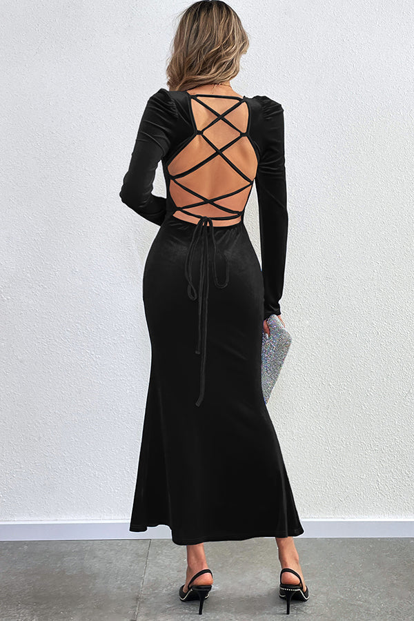 Velvet Long-sleeved Sexy Backless Slim Fit Fishtail Maxi Dress - View 13