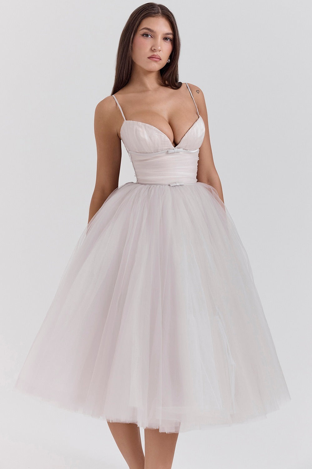 Tulle Sweetheart Spaghetti Strap Corset Fit and Flare Midi Dress
