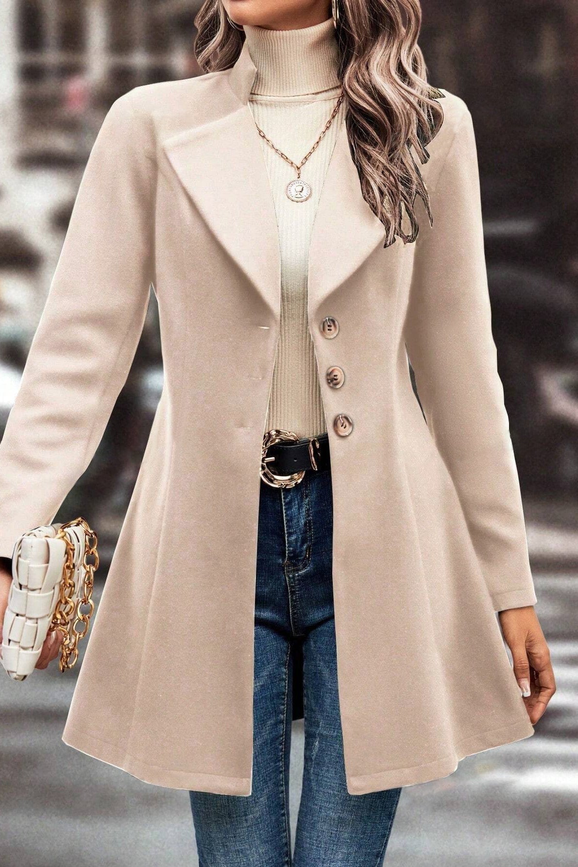 Notched Lapel Single Breasted Fit and Flare Longline Coat