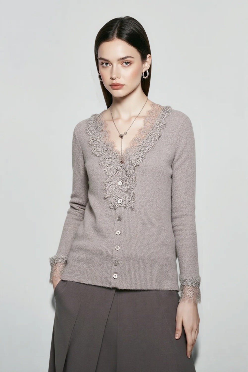 Lace Trim V-Neck Long Sleeve Button Front Slim Knit Cardigan 4
