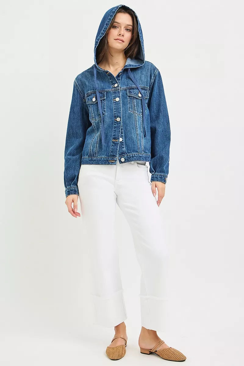 Hooded Drawstring Button Front Chest Pocket Denim Jacket 6