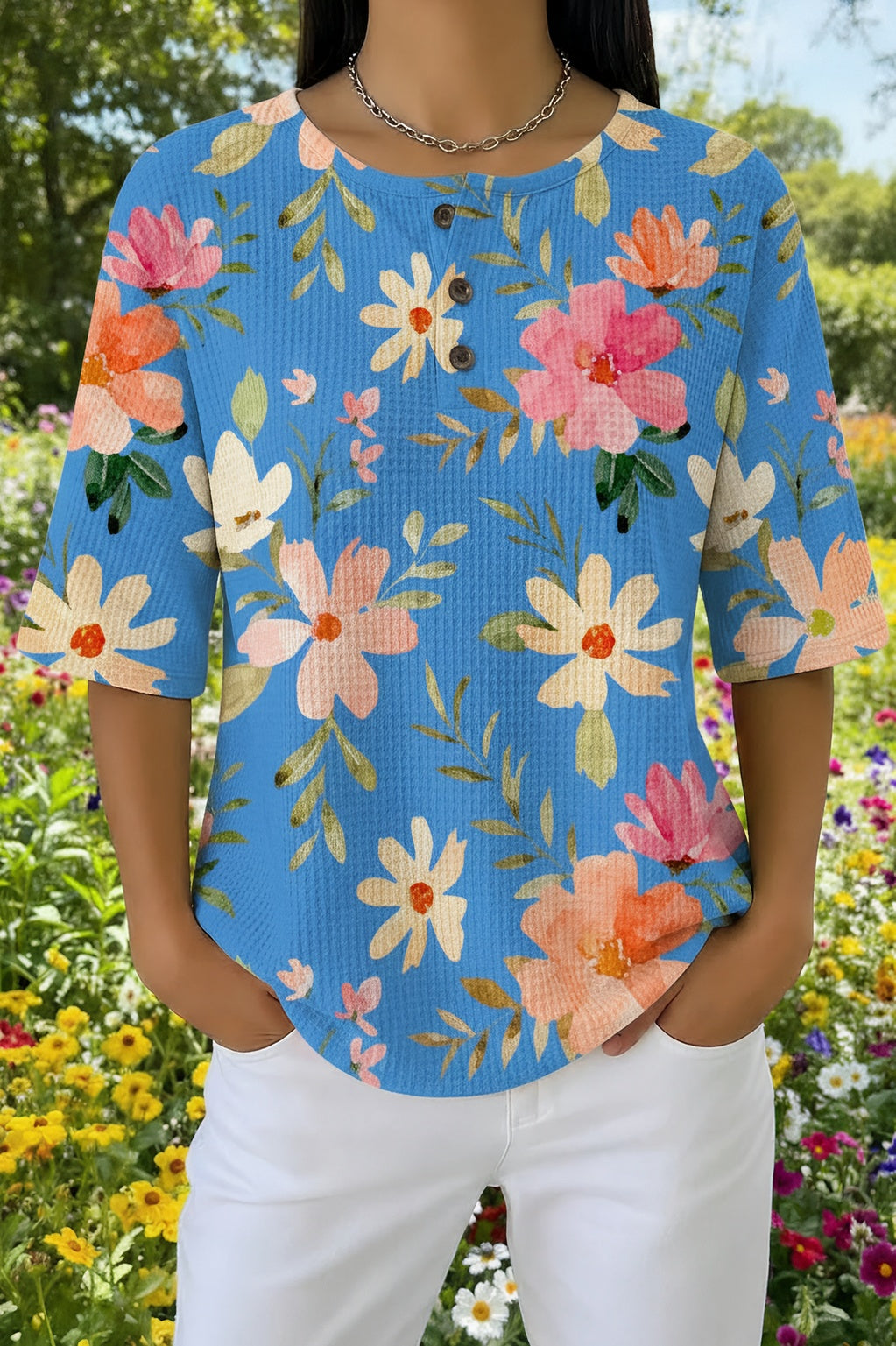Womens Sky Blue Blossom Floral Print Casual Waffle Cotton Shirt