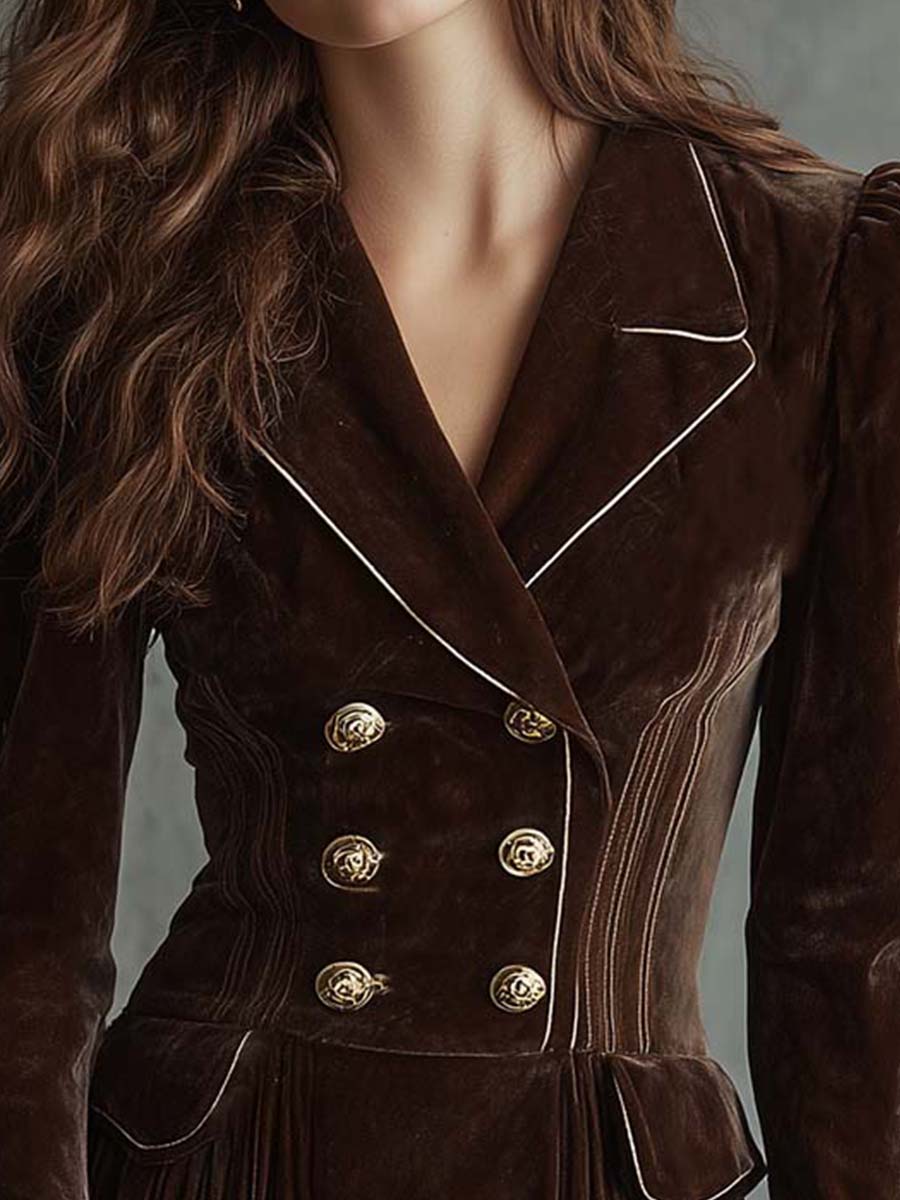 Double Breasted Elegant Vintage Brown Velvet Blazer Dress