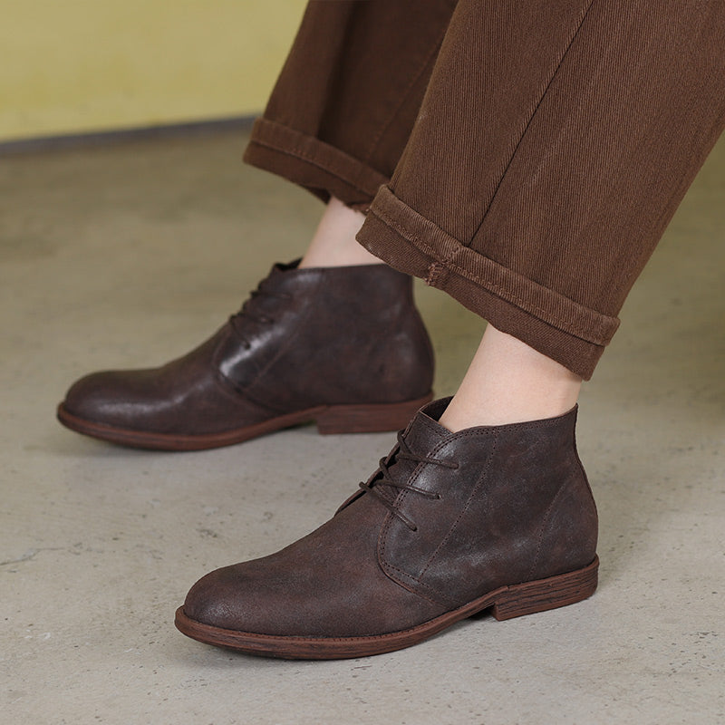 Oxfords For Women Lace Up Flat Sole Ankle Boots Handmade Matte Leather Boots Coffee/Brown