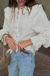 White Ruffle Trim Lantern Blouse
