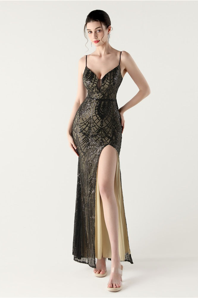 Sequin V Neck Cross Strap Mermaid Maxi Dress Green / S