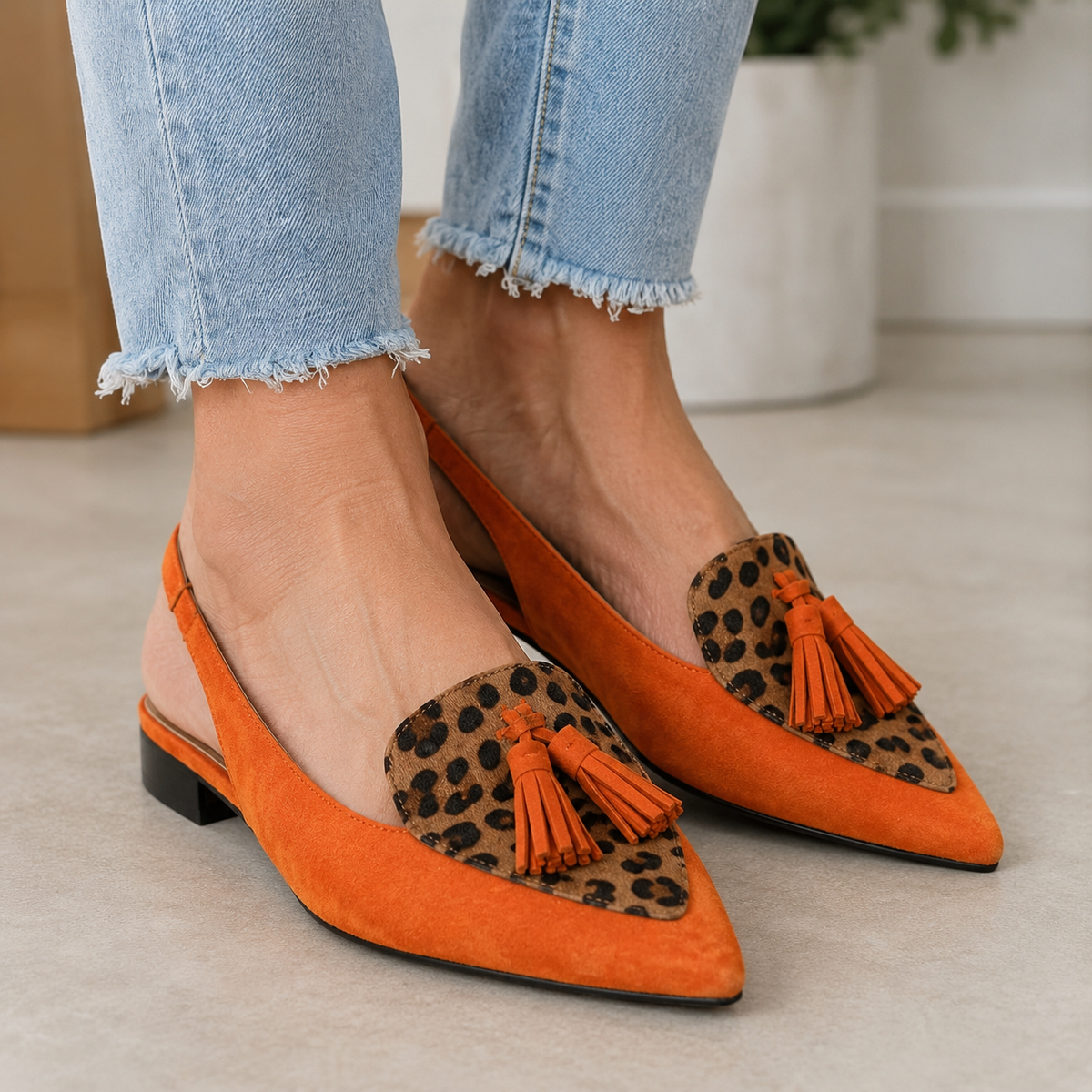 Pointed Toe Leopard Tassel Slingback Flats