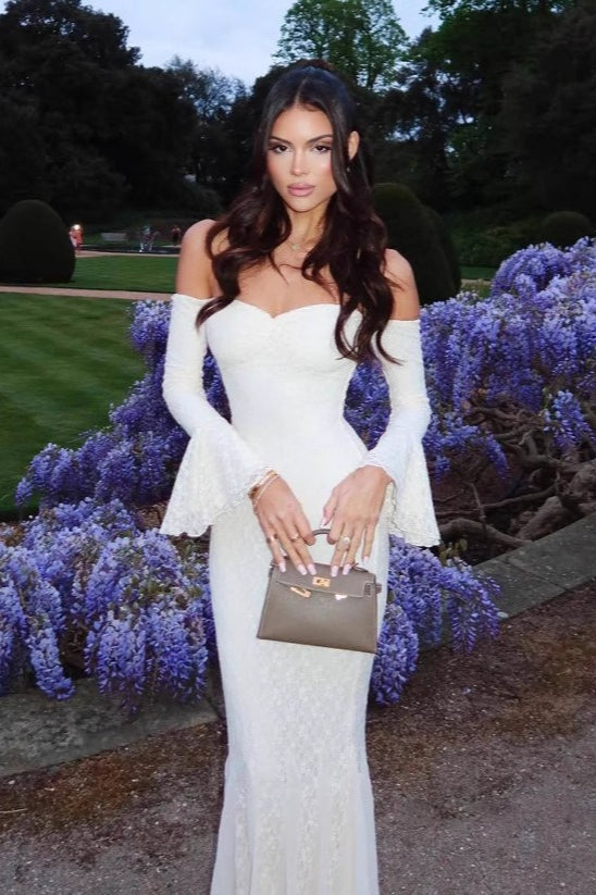 Bell Sleeve Strapless Lace Reception Dress