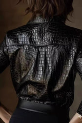 Snake Print Faux Leather Shiny Long Sleeve Chic Blouse