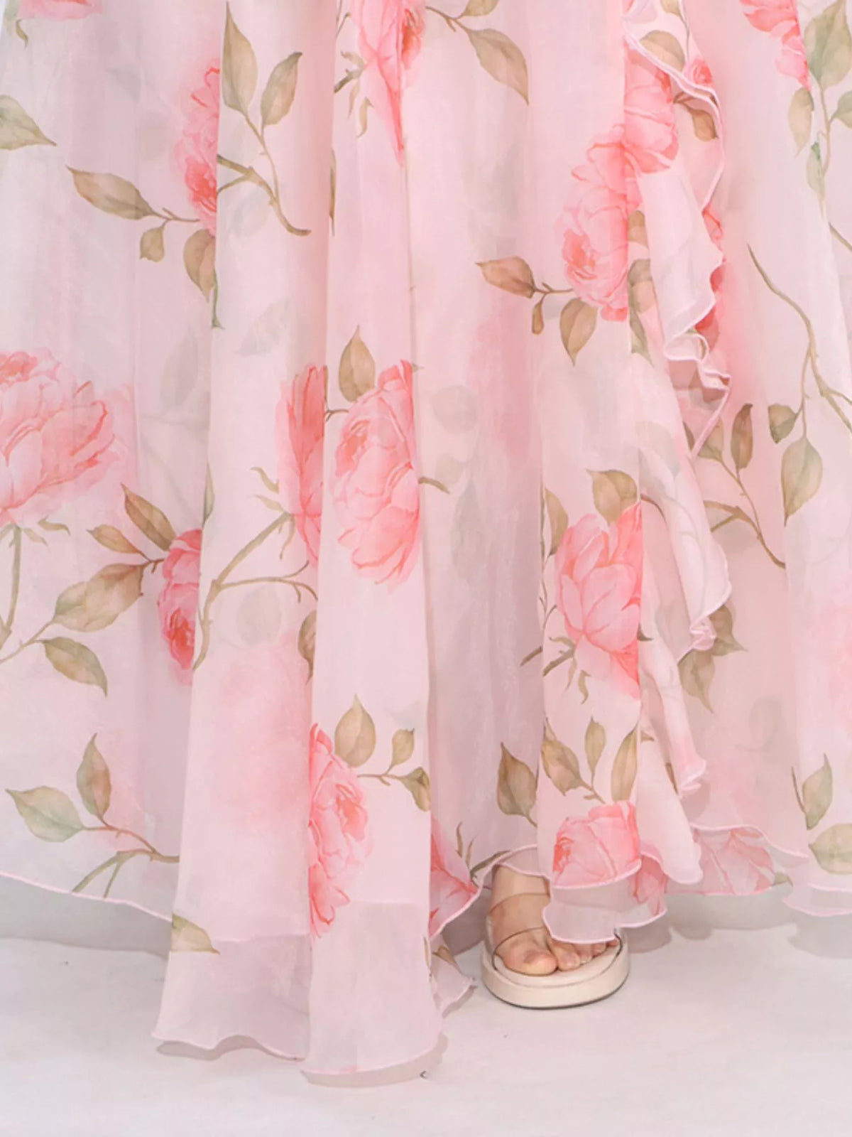 Floral Chiffon Rosette Ruffle Cap Sleeve Maxi Dress 9