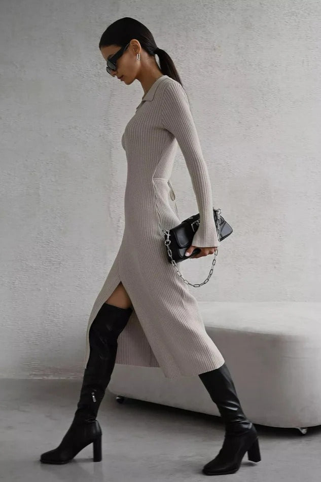 Belted Long Sleeve Solid Knit Sweater Dress