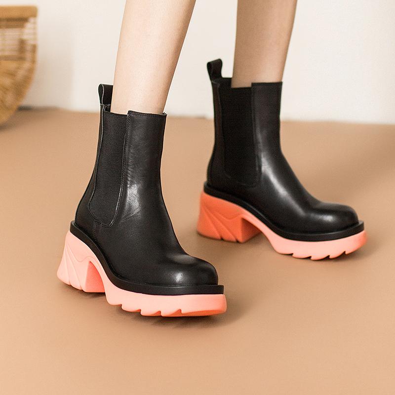 Colorful Sole Leather Chelsea Boots Designer Retro Chunky Riding Boots High Heel Handmade