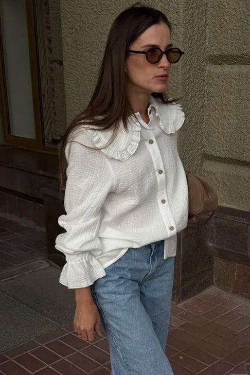 Crinkle Textured Ruffle Collar Long Sleeve Flounce Cuff Button Front Blouse 3