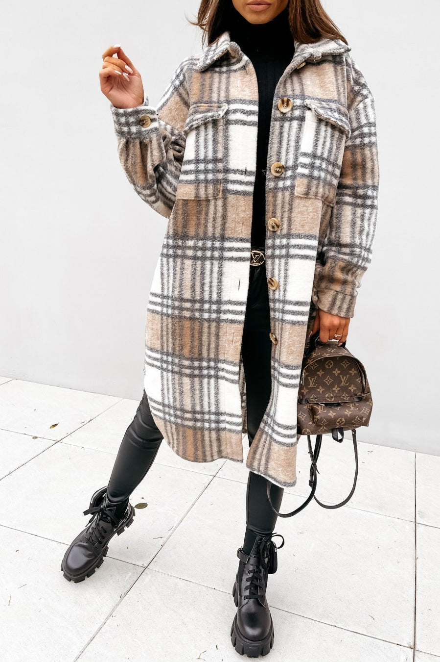 Plaid Button Front Flap Pocket Longline Shirt Coat 9