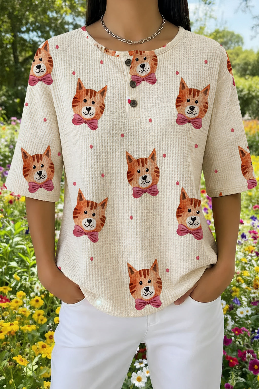 Bow Tie Cat Print Waffle Knit Short Sleeve Henley Top