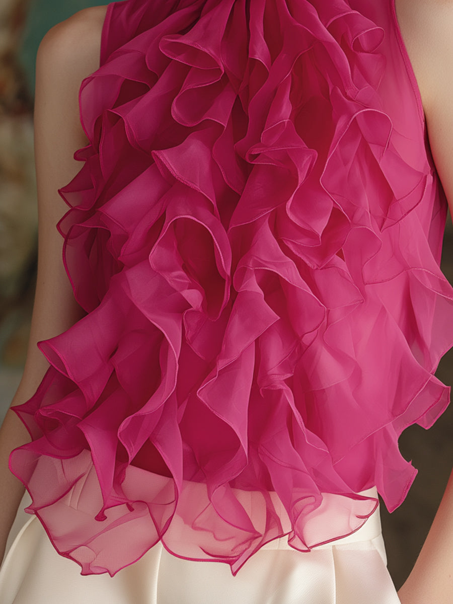 Ruffle High Neck Sleeveless Chiffon Blouse