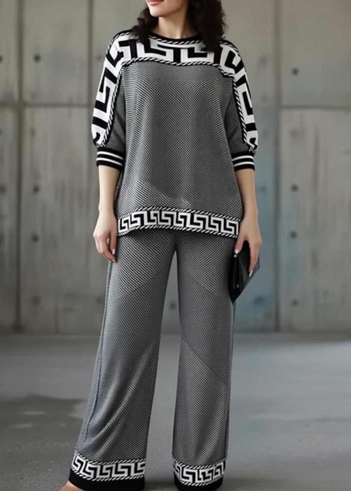 Greek Key Print Mock Neck Top and Wide Leg Pants Two Piece Set