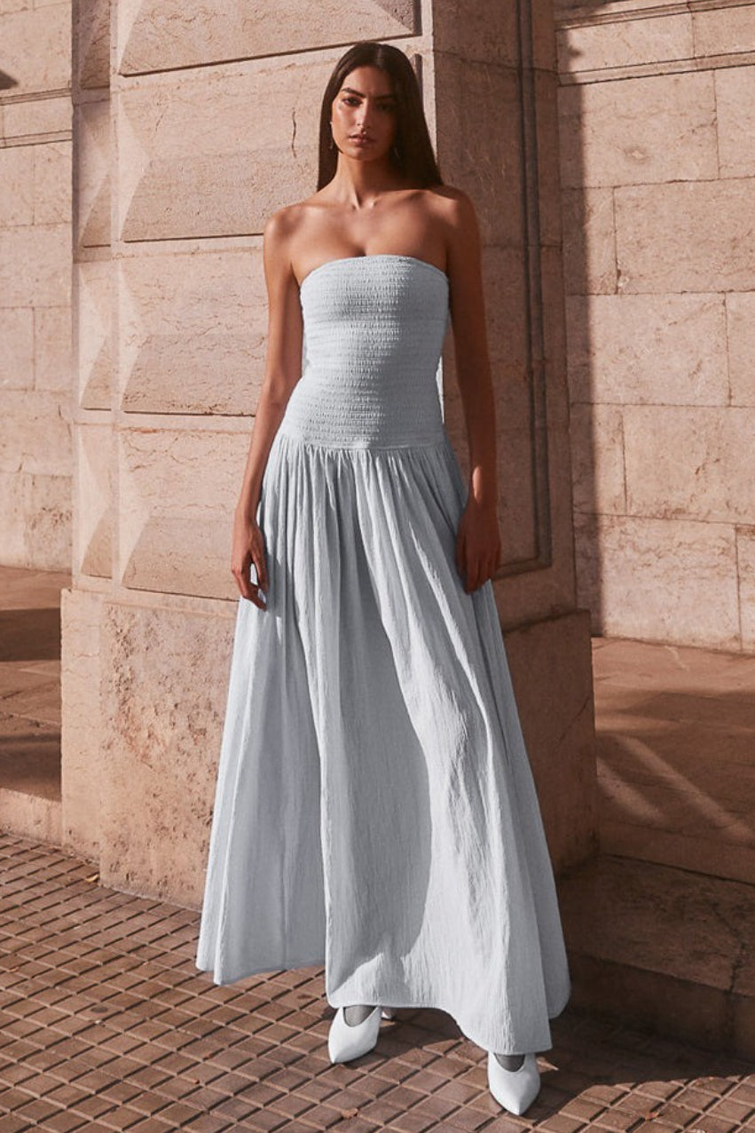 Strapless Ruched High Split Flowy Maxi Prom Dress