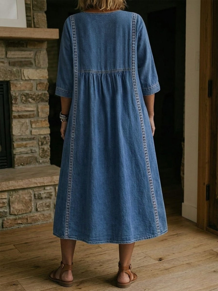 Denim V-Neck Pocket Midi Dress 3