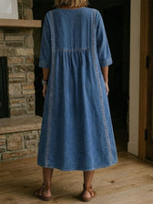 Denim V-Neck Pocket Midi Dress 3