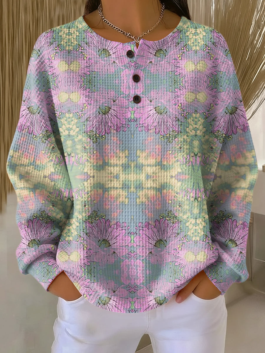 Floral Print Waffle Knit Round Neck Button Placket Long Sleeve Top