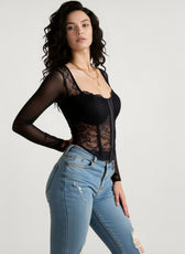 Lace Sheer Mesh Boned Buttoned V Neck Crop Top